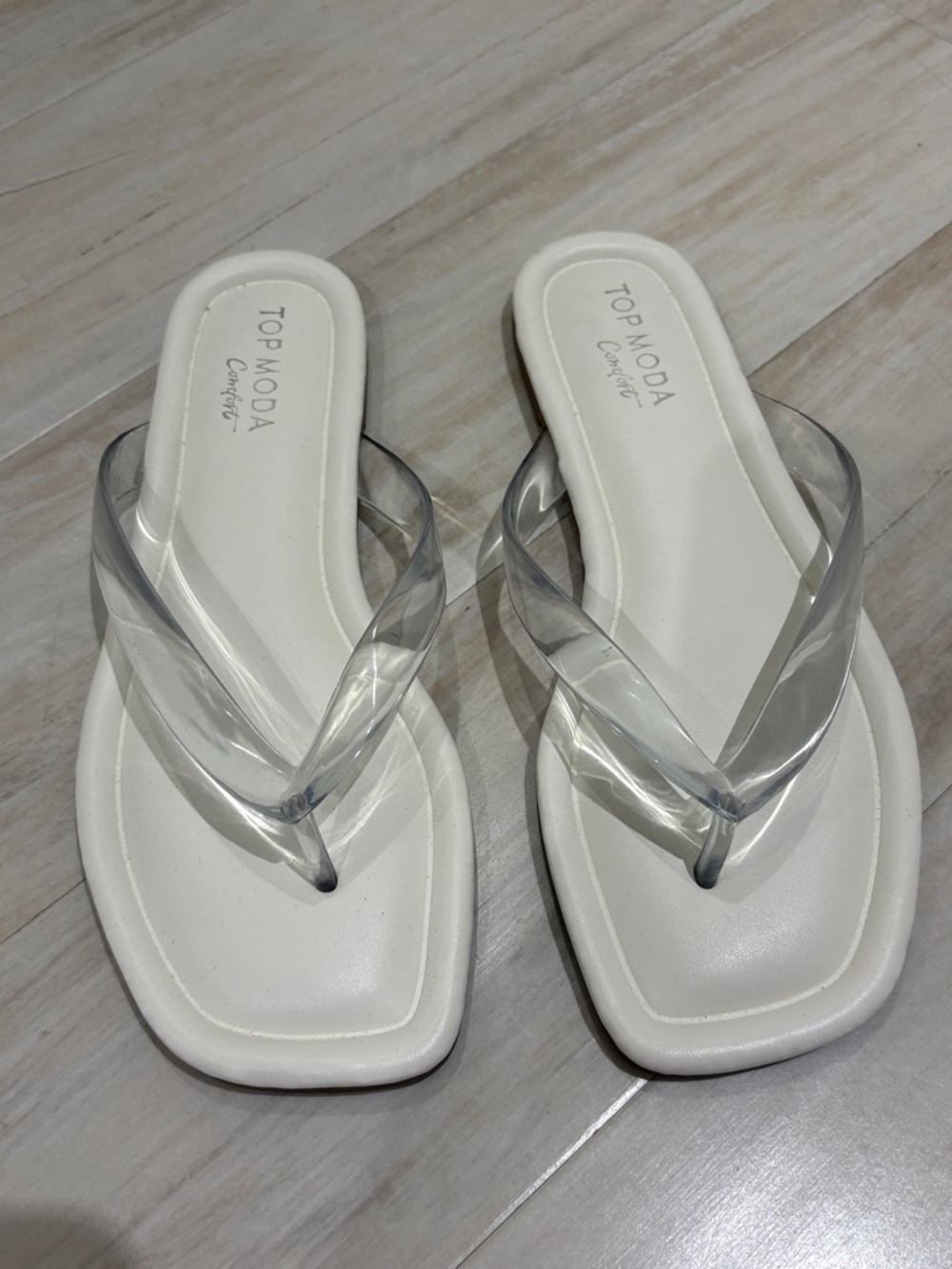 TOP Moda White Slides with Clear V-Strap